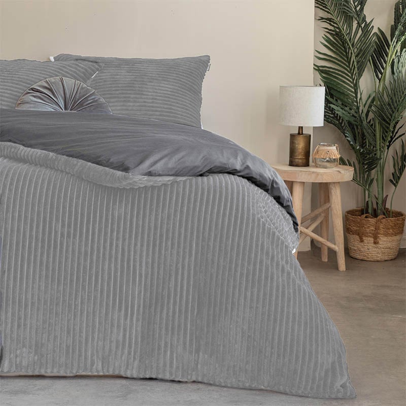 Dekbedovertrek Teddy Rib - Eenpersoons (140x220 cm) - Grijs Microvezel - Dessin: - Fresh & Co - Dekbed-Discounter.nl aanbieding