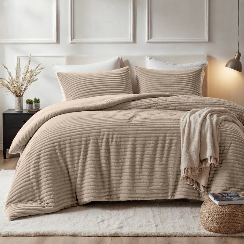 Dekbedovertrek Teddy Rib - Lits-Jumeaux (240x220 cm) - Blauw & Groen & Taupe & Grijs & Roze & Antraciet Microvezel - Dessin: Strepen - Fresh & Co - aanbieding