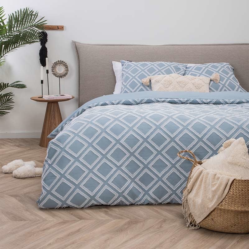 Dekbedovertrek Ibiza Saar - Tweepersoons (200x200 cm) - Wit & Blauw Microvezel - Dessin: Ruiten - Fresh & Co - Dekbed-Discounter.nl aanbieding