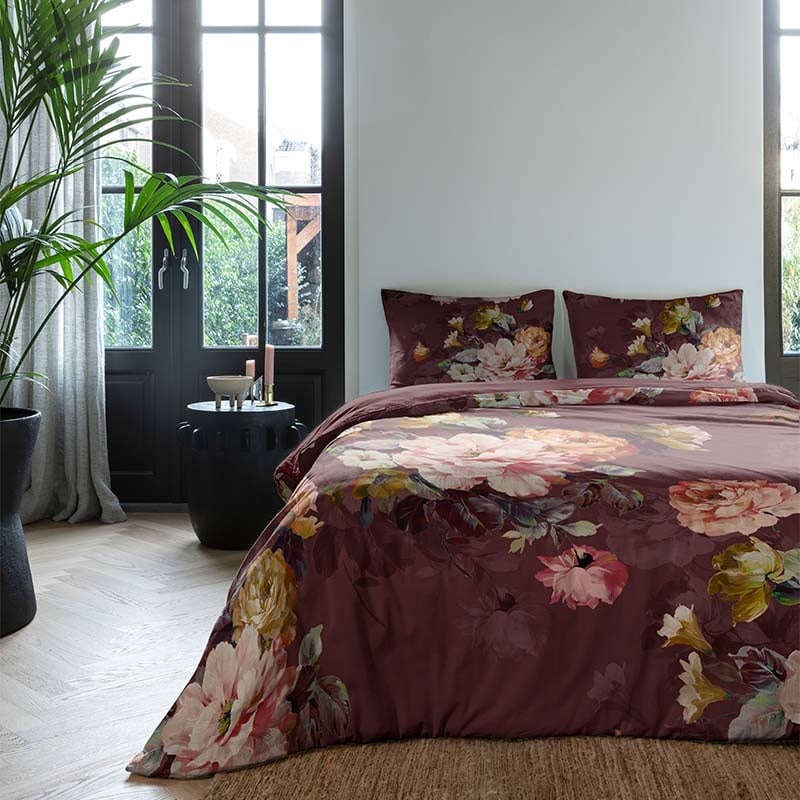 Dekbedovertrek Edelin Dekbedovertrek - Tweepersoons (200x200 cm) - Rood Katoen - Dessin: Bloemen - Fresh & Co - Dekbed-Discounter.nl aanbieding