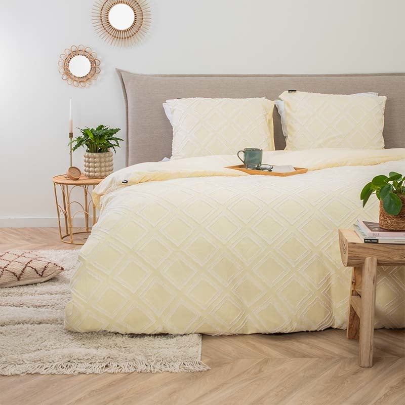Dekbedovertrek Ibiza Saar - Lits-Jumeaux (240x220 cm) - Wit & Geel Microvezel - Dessin: Ruiten - Fresh & Co - Dekbed-Discounter.nl aanbieding
