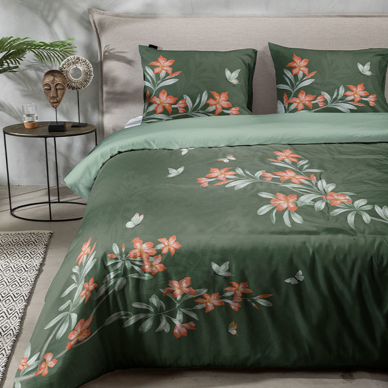 Dekbedovertrek Sleepy Butterfly Dekbedovertrek - Lits-Jumeaux (240x220 cm) - Groen Katoen - Dessin: Bloemen - Fresh & Co - Dekbed-Discounter.nl aanbieding