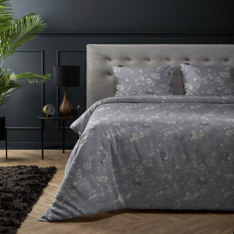 Dekbedovertrek Gray Blossom Dekbedovertrek - Tweepersoons (200x200 cm) - Grijs Katoen - Dessin: Natuur - Fresh & Co - Dekbed-Discounter.nl aanbieding