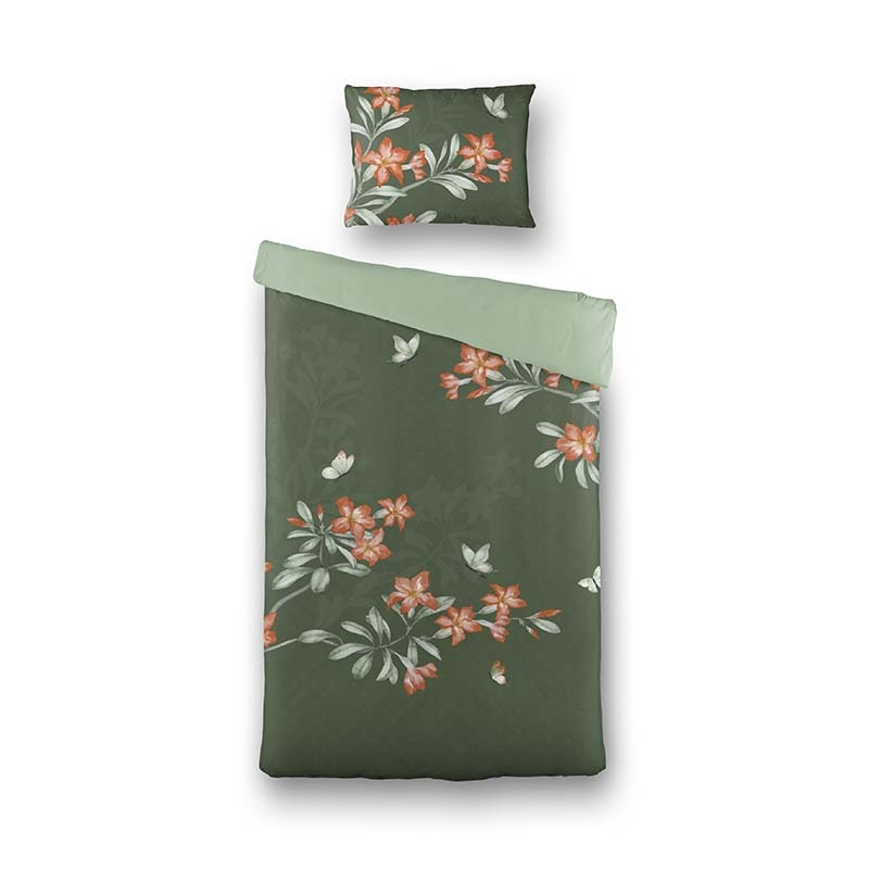 Dekbedovertrek Sleepy Butterfly Dekbedovertrek - Eenpersoons (140x220 cm) - Groen Katoen - Dessin: Bloemen - Fresh & Co - Dekbed-Discounter.nl aanbieding