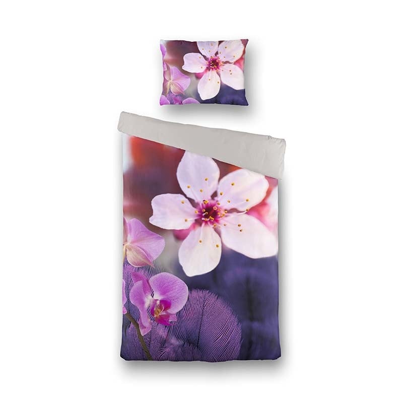 Dekbedovertrek Lila Love Dekbedovertrek - Eenpersoons (140x220 cm) - Paars & Roze Katoen - Dessin: Bloemen - Fresh & Co - Dekbed-Discounter.nl aanbieding