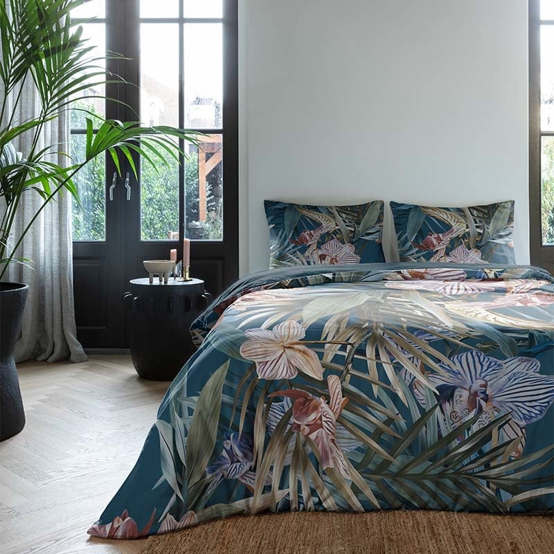 Dekbedovertrek Demy Dekbedovertrek - Eenpersoons (140x200 cm) - Blauw Katoen - Dessin: Bloemen, Natuur - Fresh & Co - Dekbed-Discounter.nl aanbieding