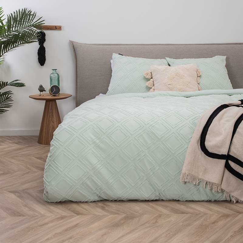 Dekbedovertrek Ibiza Suus - Lits-Jumeaux (240x220 cm) - Groen Microvezel - Dessin: Strepen, Ruiten - Fresh & Co - Dekbed-Discounter.nl aanbieding