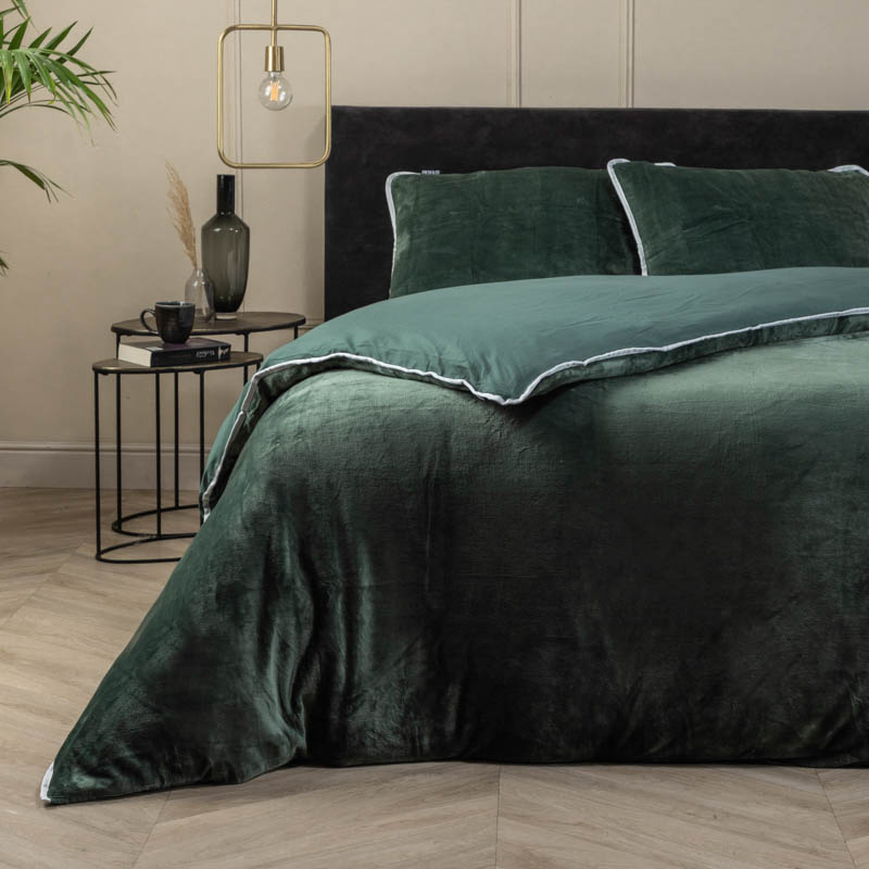 Dekbedovertrek Teddy Fleece Piping - Eenpersoons (140x200 cm) - Groen Microvezel - Dessin: Effen - Fresh & Co - Dekbed-Discounter.nl aanbieding