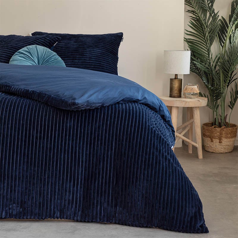 Dekbedovertrek Teddy Rib - Lits-Jumeaux (240x220 cm) - Navy Microvezel - Dessin: Effen, Patroon - Fresh & Co - Dekbed-Discounter.nl aanbieding