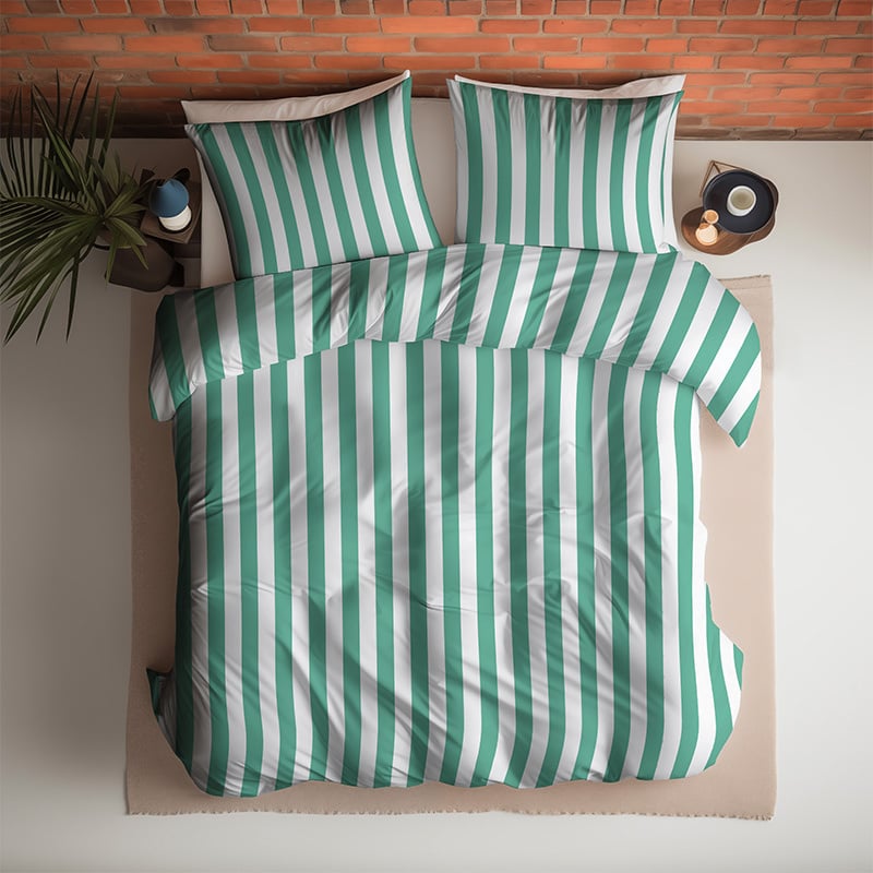 Dekbedovertrek Annefleur - Eenpersoons (140x200 cm) - Wit & Groen Katoen - Dessin: Strepen - Fresh & Co - Dekbed-Discounter.nl aanbieding