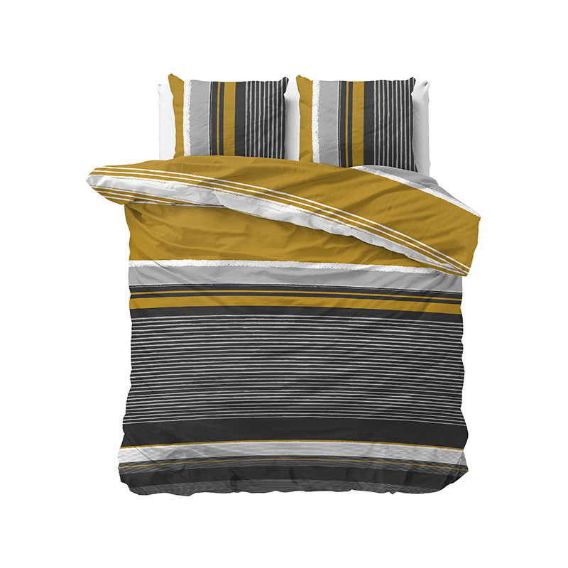 Dekbedovertrek Orary - Lits-Jumeaux (240x220 cm) - Geel & Antraciet Katoen - Dessin: Strepen - Fresh & Co - Dekbed-Discounter.nl aanbieding