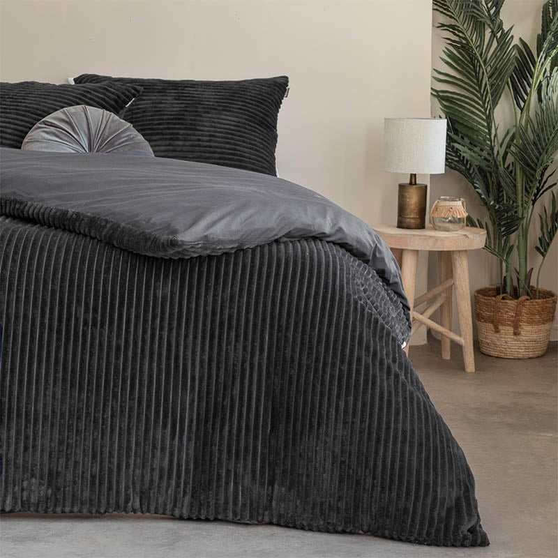 Dekbedovertrek Teddy Rib - Eenpersoons (140x220 cm) - Antraciet Microvezel - Dessin: Effen, Patroon - Fresh & Co - Dekbed-Discounter.nl aanbieding